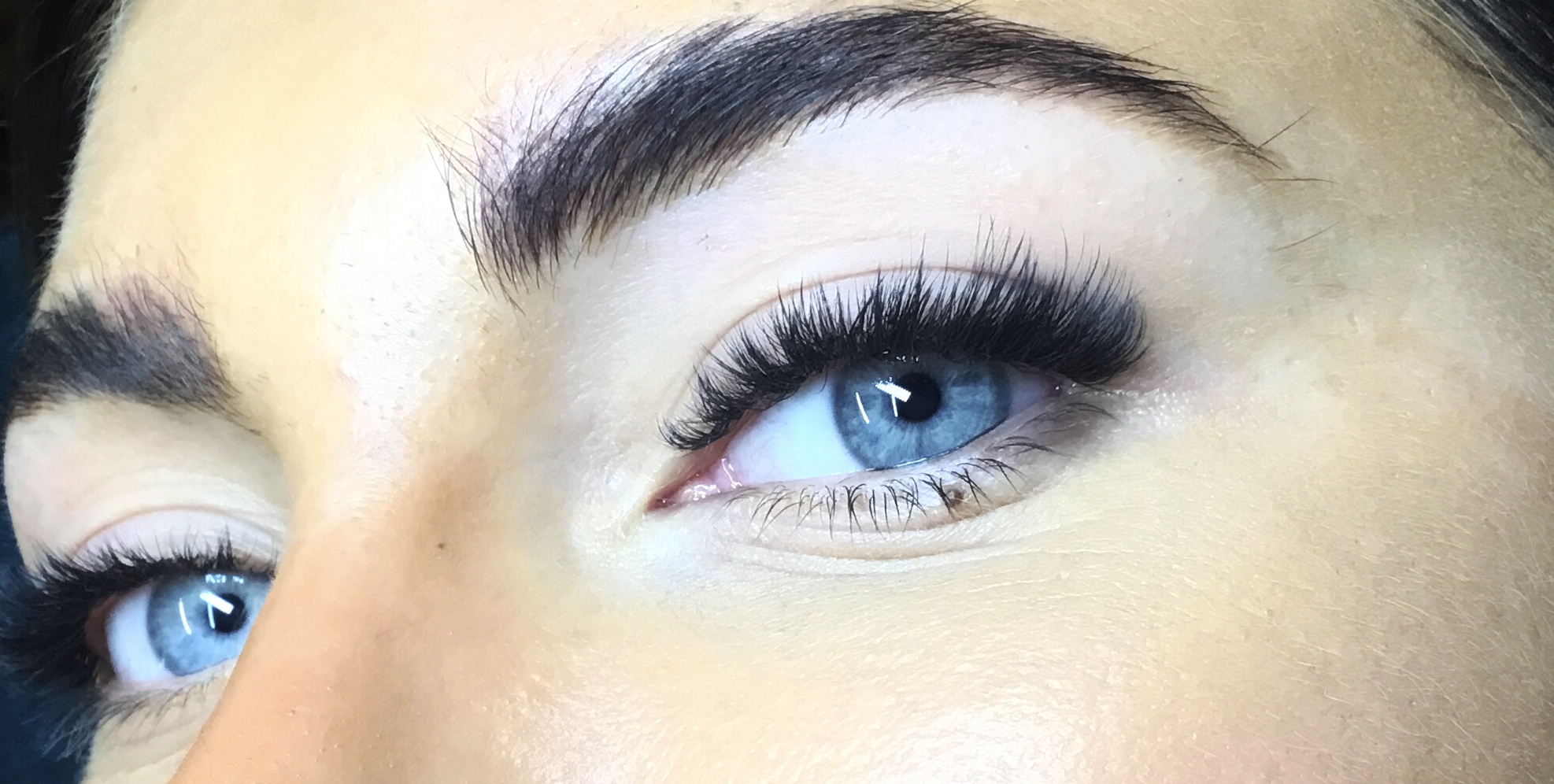 Volume lash extensions, blue eyes, dramatic lashes 