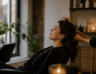 client relaxed at hair salon