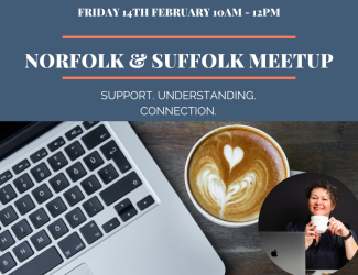 Business Women in Networking for Norfolk, Suffolk & UK showing Sue Davies, laptop keyboard and coffee mug. Details of networking meeting on Friday 14 February 2025 10 am til 12 noon