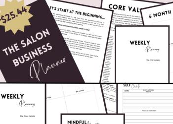 The Salon Business Planner cover with images of the internal pages featuring planning, mindset, finances