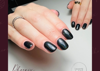 Black gel polish on long natural nails with black chrome