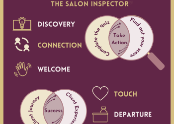 The Salon Inspector images showing Discovery, Connection,  Welcome, Touch, Departure & Reconnect. Client Journey and Client Experience in  venn diagram with Success at centre