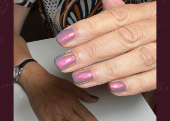 Latte gel polish with pink chrome glaze on short natural nails