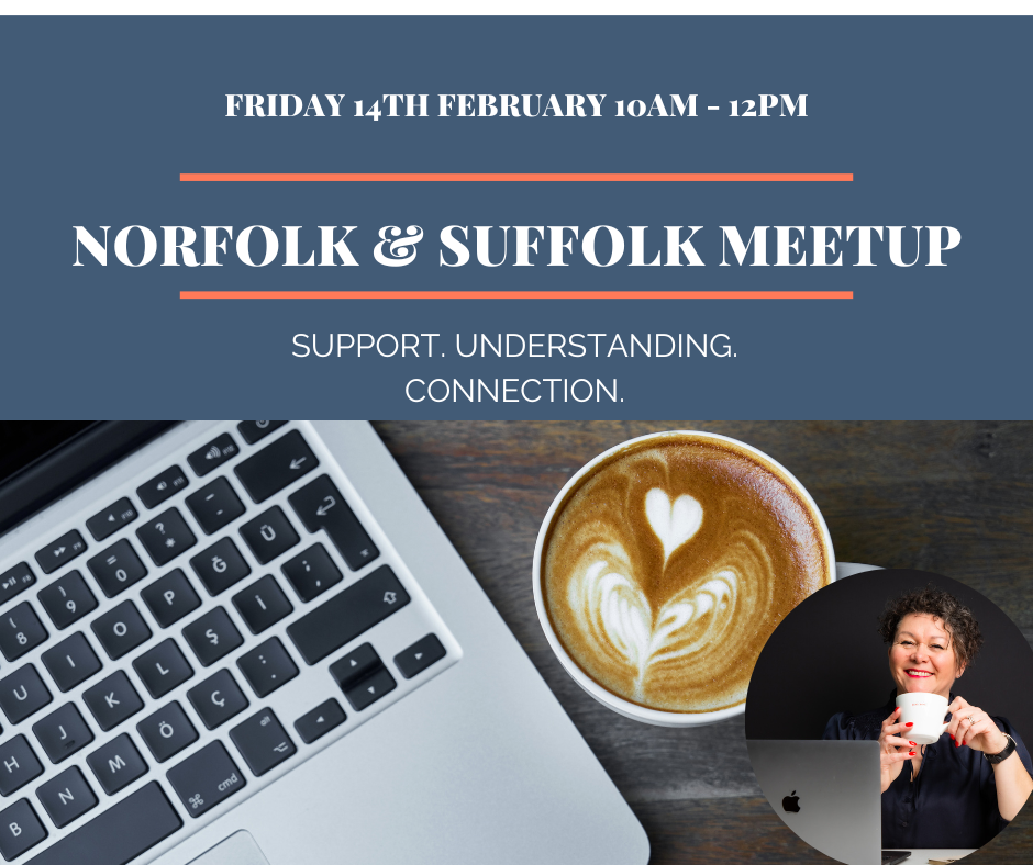 Business Women in Networking for Norfolk, Suffolk & UK showing Sue Davies, laptop keyboard and coffee mug. Details of networking meeting on Friday 14 February 2025 10 am til 12 noon