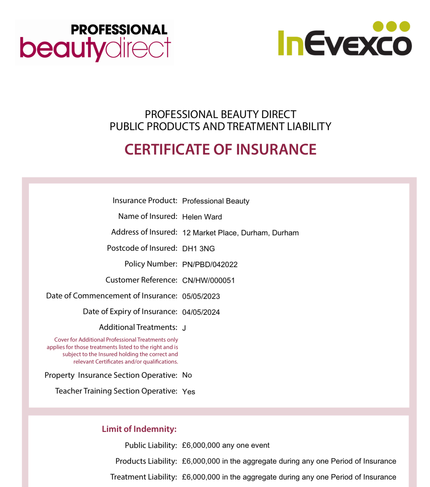 Insurance certificate