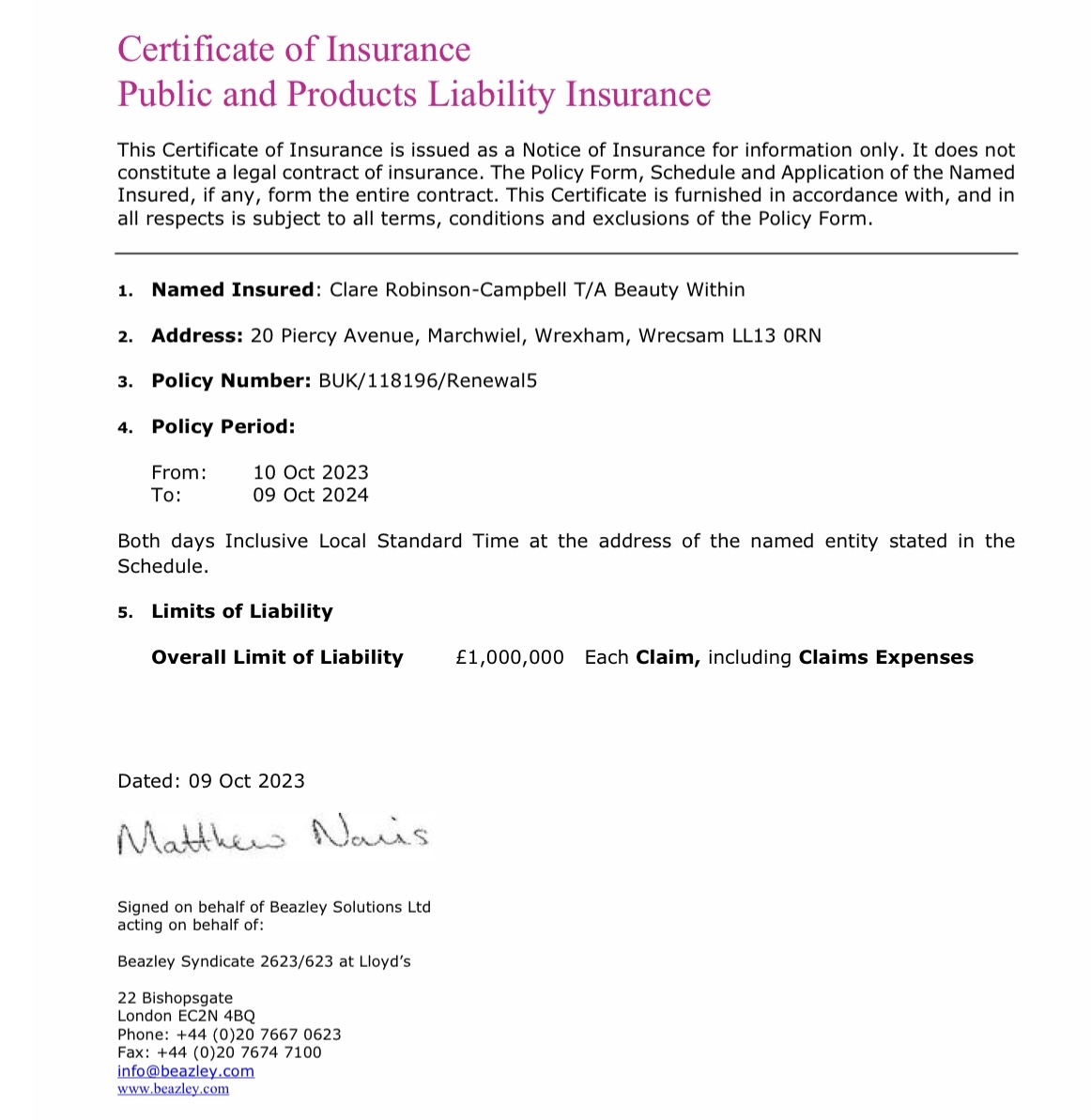 Insurance certificate
